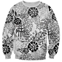 White Aloha Hawaiian Sweatshirt Monstera Hibiscus Tropical Pattern