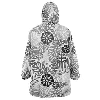 White Aloha Hawaiian Wearable Blanket Hoodie Monstera Hibiscus Tropical Pattern