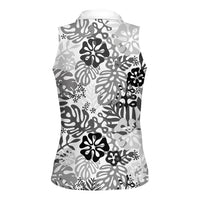 White Aloha Hawaiian Women Sleeveless Polo Shirt Monstera Hibiscus Tropical Pattern