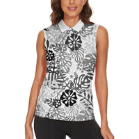 White Aloha Hawaiian Women Sleeveless Polo Shirt Monstera Hibiscus Tropical Pattern