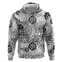 White Aloha Hawaiian Zip Hoodie Monstera Hibiscus Tropical Pattern