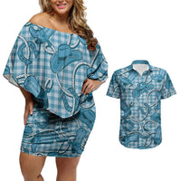 Blue Hawaii Palaka Cowboy Couples Matching Off Shoulder Short Dress and Hawaiian Shirt Hawaiian Paniolo Festival Spirit LT19 Blue - Polynesian Pride