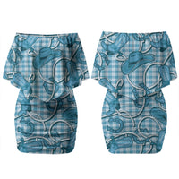 Blue Hawaii Palaka Cowboy Couples Matching Off Shoulder Short Dress and Hawaiian Shirt Hawaiian Paniolo Festival Spirit LT19 - Polynesian Pride