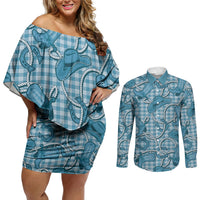 Blue Hawaii Palaka Cowboy Couples Matching Off Shoulder Short Dress and Long Sleeve Button Shirt Hawaiian Paniolo Festival Spirit LT19 Blue - Polynesian Pride