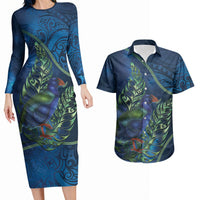 New Zealand Takahe Personalised Couples Matching Long Sleeve Bodycon Dress and Hawaiian Shirt Silver Fern Galaxy Polynesian Pattern LT22 Blue - Polynesian Pride