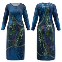 New Zealand Takahe Personalised Family Matching Long Sleeve Bodycon Dress and Hawaiian Shirt Silver Fern Galaxy Polynesian Pattern LT22 Mom's Dress Blue - Polynesian Pride