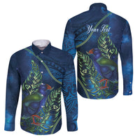 New Zealand Takahe Personalised Family Matching Off Shoulder Maxi Dress and Hawaiian Shirt Silver Fern Galaxy Polynesian Pattern LT22 Dad's Shirt - Long Sleeve Blue - Polynesian Pride