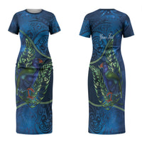 New Zealand Takahe Personalised Family Matching Short Sleeve Bodycon Dress and Hawaiian Shirt Silver Fern Galaxy Polynesian Pattern LT22 Mom's Dress Blue - Polynesian Pride