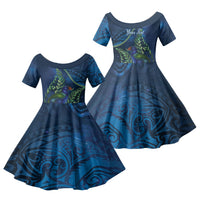 New Zealand Takahe Personalised Family Matching Short Sleeve Bodycon Dress and Hawaiian Shirt Silver Fern Galaxy Polynesian Pattern LT22 Daughter's Dress Blue - Polynesian Pride