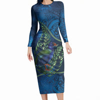 New Zealand Takahe Personalised Long Sleeve Bodycon Dress Silver Fern Galaxy Polynesian Pattern LT22 Long Dress Blue - Polynesian Pride