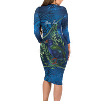 New Zealand Takahe Personalised Long Sleeve Bodycon Dress Silver Fern Galaxy Polynesian Pattern LT22 - Polynesian Pride
