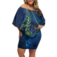 New Zealand Takahe Personalised Off Shoulder Short Dress Silver Fern Galaxy Polynesian Pattern LT22 Women Blue - Polynesian Pride