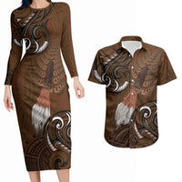 New Zealand Taiaha Couples Matching Long Sleeve Bodycon Dress and Hawaiian Shirt Maori Weapon Silver Fern Maori Pattern