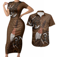 New Zealand Taiaha Couples Matching Short Sleeve Bodycon Dress and Hawaiian Shirt Maori Weapon Silver Fern Maori Pattern LT22 Brown - Polynesian Pride