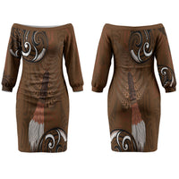 New Zealand Taiaha Family Matching Off The Shoulder Long Sleeve Dress and Hawaiian Shirt Maori Weapon Silver Fern Maori Pattern LT22 Mom's Dress Brown - Polynesian Pride