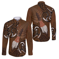 New Zealand Taiaha Family Matching Off The Shoulder Long Sleeve Dress and Hawaiian Shirt Maori Weapon Silver Fern Maori Pattern LT22 Dad's Shirt - Long Sleeve Brown - Polynesian Pride