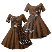 New Zealand Taiaha Family Matching Puletasi and Hawaiian Shirt Maori Weapon Silver Fern Maori Pattern LT22 Daughter's Dress Brown - Polynesian Pride