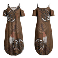 New Zealand Taiaha Family Matching Summer Maxi Dress and Hawaiian Shirt Maori Weapon Silver Fern Maori Pattern LT22 Mom's Dress Brown - Polynesian Pride