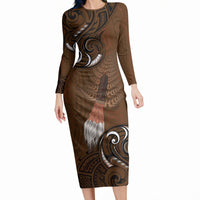 New Zealand Taiaha Long Sleeve Bodycon Dress Maori Weapon Silver Fern Maori Pattern LT22 Long Dress Brown - Polynesian Pride