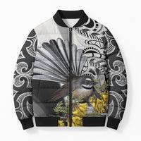 New Zealand Fantail Bird Bomber Puffer Jacket Maori Piwakawaka Kowhai Maori Pattern