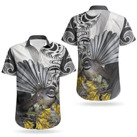New Zealand Fantail Bird Couples Matching Short Sleeve Bodycon Dress and Hawaiian Shirt Maori Piwakawaka Kowhai Maori Pattern LT22 - Polynesian Pride