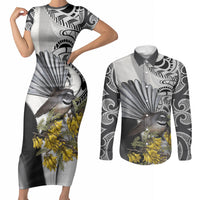 New Zealand Fantail Bird Couples Matching Short Sleeve Bodycon Dress and Long Sleeve Button Shirt Maori Piwakawaka Kowhai Maori Pattern LT22 Grey - Polynesian Pride