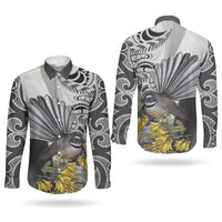 New Zealand Fantail Bird Couples Matching Short Sleeve Bodycon Dress and Long Sleeve Button Shirt Maori Piwakawaka Kowhai Maori Pattern LT22 - Polynesian Pride