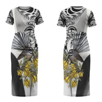 New Zealand Fantail Bird Couples Matching Short Sleeve Bodycon Dress and Long Sleeve Button Shirt Maori Piwakawaka Kowhai Maori Pattern LT22 - Polynesian Pride