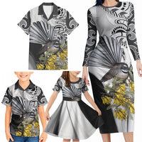 New Zealand Fantail Bird Family Matching Long Sleeve Bodycon Dress and Hawaiian Shirt Maori Piwakawaka Kowhai Maori Pattern LT22 - Polynesian Pride