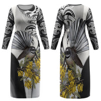 New Zealand Fantail Bird Family Matching Long Sleeve Bodycon Dress and Hawaiian Shirt Maori Piwakawaka Kowhai Maori Pattern LT22 Mom's Dress Grey - Polynesian Pride