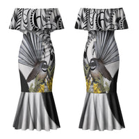 New Zealand Fantail Bird Family Matching Mermaid Dress and Hawaiian Shirt Maori Piwakawaka Kowhai Maori Pattern LT22 Mom's Dress Grey - Polynesian Pride