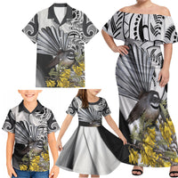New Zealand Fantail Bird Family Matching Off Shoulder Maxi Dress and Hawaiian Shirt Maori Piwakawaka Kowhai Maori Pattern LT22 - Polynesian Pride