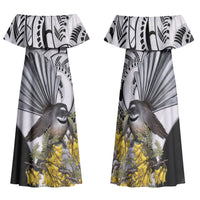 New Zealand Fantail Bird Family Matching Off Shoulder Maxi Dress and Hawaiian Shirt Maori Piwakawaka Kowhai Maori Pattern LT22 Mom's Dress Grey - Polynesian Pride
