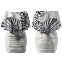 New Zealand Fantail Bird Family Matching Off Shoulder Short Dress and Hawaiian Shirt Maori Piwakawaka Kowhai Maori Pattern LT22 Mom's Dress Grey - Polynesian Pride