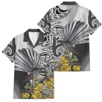 New Zealand Fantail Bird Family Matching Short Sleeve Bodycon Dress and Hawaiian Shirt Maori Piwakawaka Kowhai Maori Pattern LT22 Dad's Shirt - Short Sleeve Grey - Polynesian Pride