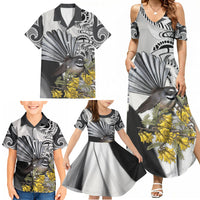 New Zealand Fantail Bird Family Matching Summer Maxi Dress and Hawaiian Shirt Maori Piwakawaka Kowhai Maori Pattern LT22 - Polynesian Pride