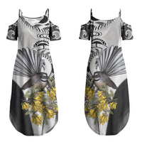 New Zealand Fantail Bird Family Matching Summer Maxi Dress and Hawaiian Shirt Maori Piwakawaka Kowhai Maori Pattern LT22 Mom's Dress Grey - Polynesian Pride