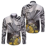 New Zealand Fantail Bird Family Matching Summer Maxi Dress and Hawaiian Shirt Maori Piwakawaka Kowhai Maori Pattern LT22 Dad's Shirt - Long Sleeve Grey - Polynesian Pride