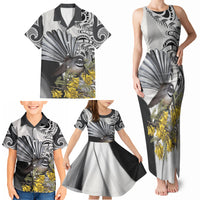 New Zealand Fantail Bird Family Matching Tank Maxi Dress and Hawaiian Shirt Maori Piwakawaka Kowhai Maori Pattern LT22 - Polynesian Pride