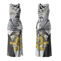 New Zealand Fantail Bird Family Matching Tank Maxi Dress and Hawaiian Shirt Maori Piwakawaka Kowhai Maori Pattern LT22 Mom's Dress Grey - Polynesian Pride