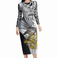New Zealand Fantail Bird Long Sleeve Bodycon Dress Maori Piwakawaka Kowhai Maori Pattern LT22 Long Dress Grey - Polynesian Pride