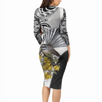 New Zealand Fantail Bird Long Sleeve Bodycon Dress Maori Piwakawaka Kowhai Maori Pattern LT22 - Polynesian Pride