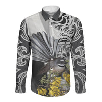 New Zealand Fantail Bird Long Sleeve Button Shirt Maori Piwakawaka Kowhai Maori Pattern LT22 Unisex Grey - Polynesian Pride