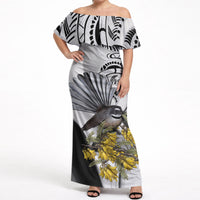 New Zealand Fantail Bird Off Shoulder Maxi Dress Maori Piwakawaka Kowhai Maori Pattern LT22 Women Grey - Polynesian Pride
