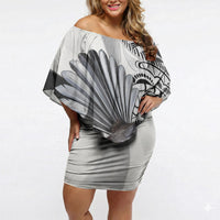 New Zealand Fantail Bird Off Shoulder Short Dress Maori Piwakawaka Kowhai Maori Pattern LT22 Women Grey - Polynesian Pride