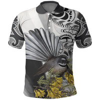 New Zealand Fantail Bird Polo Shirt Maori Piwakawaka Kowhai Maori Pattern LT22 Grey - Polynesian Pride
