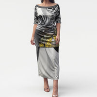 New Zealand Fantail Bird Puletasi Maori Piwakawaka Kowhai Maori Pattern LT22 Long Dress Grey - Polynesian Pride