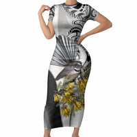 New Zealand Fantail Bird Short Sleeve Bodycon Dress Maori Piwakawaka Kowhai Maori Pattern LT22 Long Dress Grey - Polynesian Pride