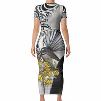 New Zealand Fantail Bird Short Sleeve Bodycon Dress Maori Piwakawaka Kowhai Maori Pattern LT22 - Polynesian Pride