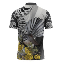 New Zealand Fantail Bird Zipper Polo Shirt Maori Piwakawaka Kowhai Maori Pattern LT22 - Polynesian Pride